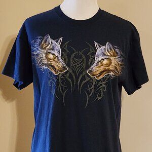 VINTAGE Mirror Wolf/Wolves Graphic T-Shirt Dark Blue Size Medium 100% Cotton
